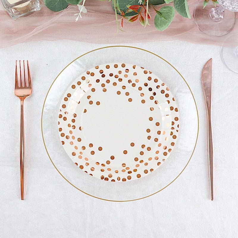 25 White Round Paper Plates with Rose Gold Polka Dots - Disposable Tableware