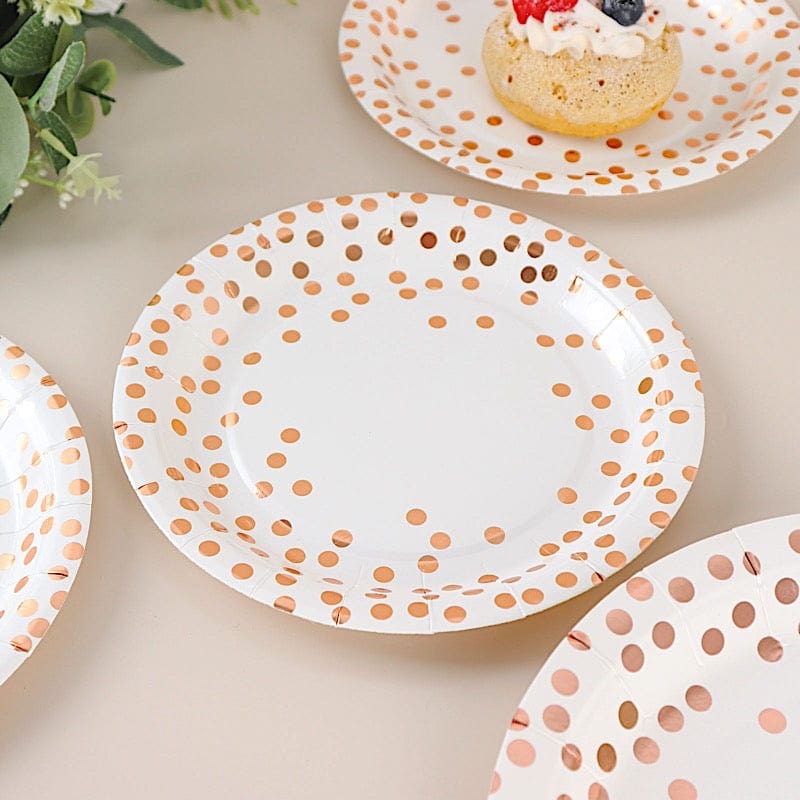 25 White Round Paper Plates with Rose Gold Polka Dots - Disposable Tableware