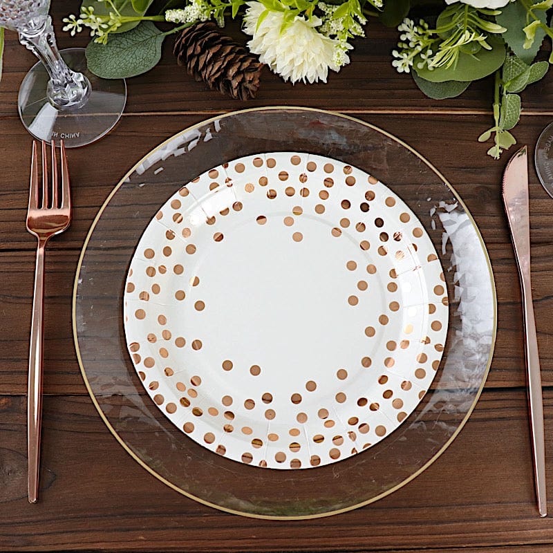 25 White Round Paper Plates with Rose Gold Polka Dots - Disposable Tableware
