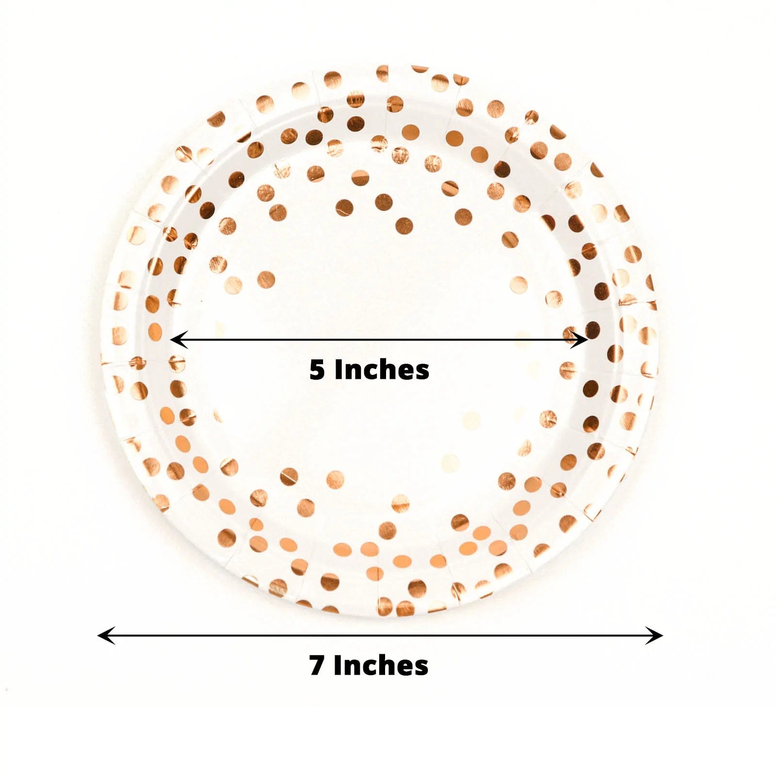 25 White Round Paper Plates with Rose Gold Polka Dots - Disposable Tableware