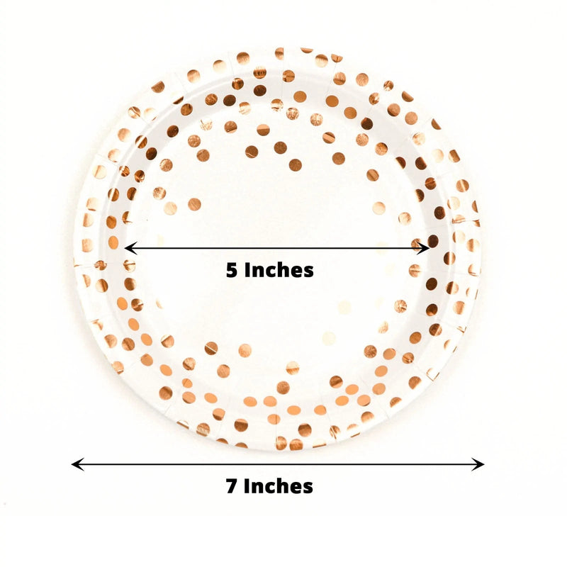 25 White Round Paper Plates with Rose Gold Polka Dots - Disposable Tableware