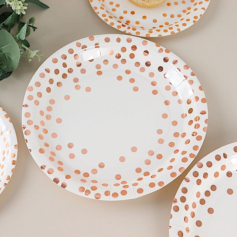25 White Round Paper Plates with Rose Gold Polka Dots - Disposable Tableware