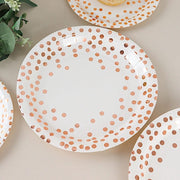 25 White Round Paper Plates with Rose Gold Polka Dots - Disposable Tableware