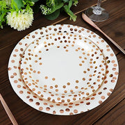 25 White Round Paper Plates with Rose Gold Polka Dots - Disposable Tableware