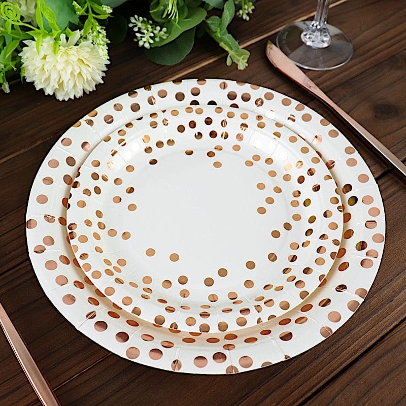 25 White Round Paper Plates with Rose Gold Polka Dots - Disposable Tableware
