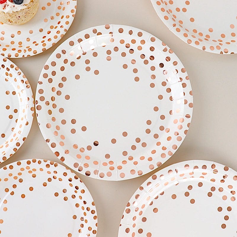 25 White Round Paper Plates with Rose Gold Polka Dots - Disposable Tableware