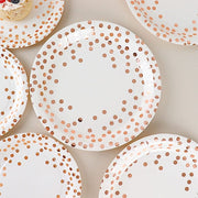 25 White Round Paper Plates with Rose Gold Polka Dots - Disposable Tableware