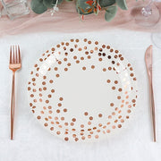25 White Round Paper Plates with Rose Gold Polka Dots - Disposable Tableware