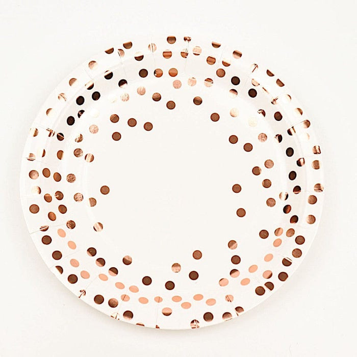 25 White Round Paper Plates with Rose Gold Polka Dots - Disposable Tableware