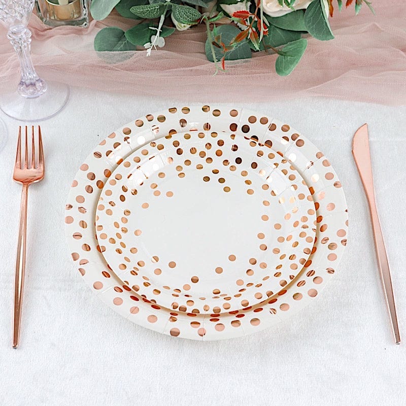 25 White Round Paper Plates with Rose Gold Polka Dots - Disposable Tableware