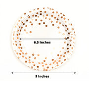 25 White Round Paper Plates with Rose Gold Polka Dots - Disposable Tableware