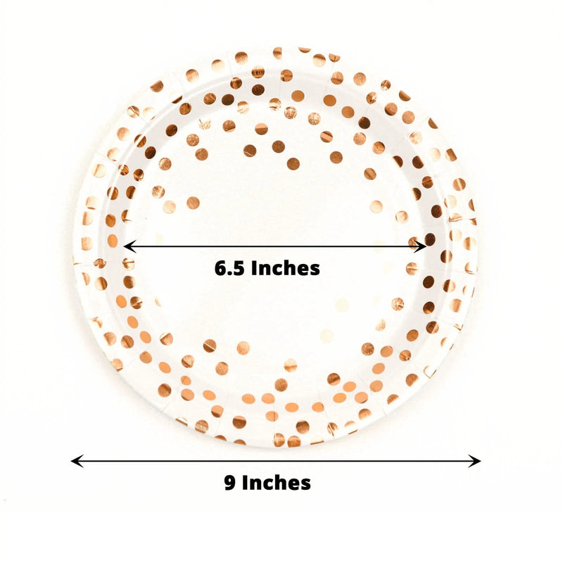 25 White Round Paper Plates with Rose Gold Polka Dots - Disposable Tableware