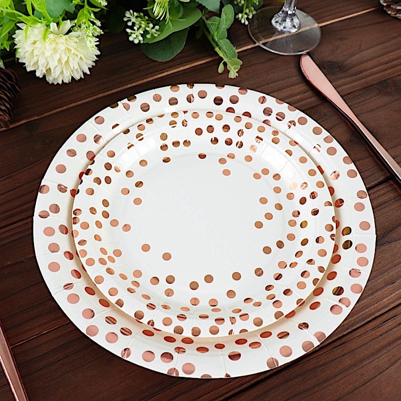 25 White Round Paper Plates with Rose Gold Polka Dots - Disposable Tableware