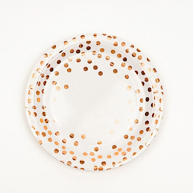 25 White Round Paper Plates with Rose Gold Polka Dots
