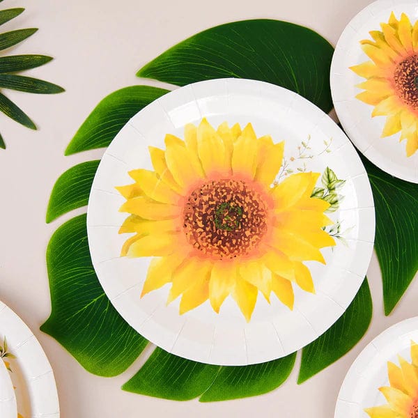 25 White Round Paper Plates with Sunflower Design - Disposable Tableware