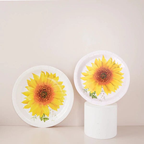 25 White Round Paper Plates with Sunflower Design - Disposable Tableware