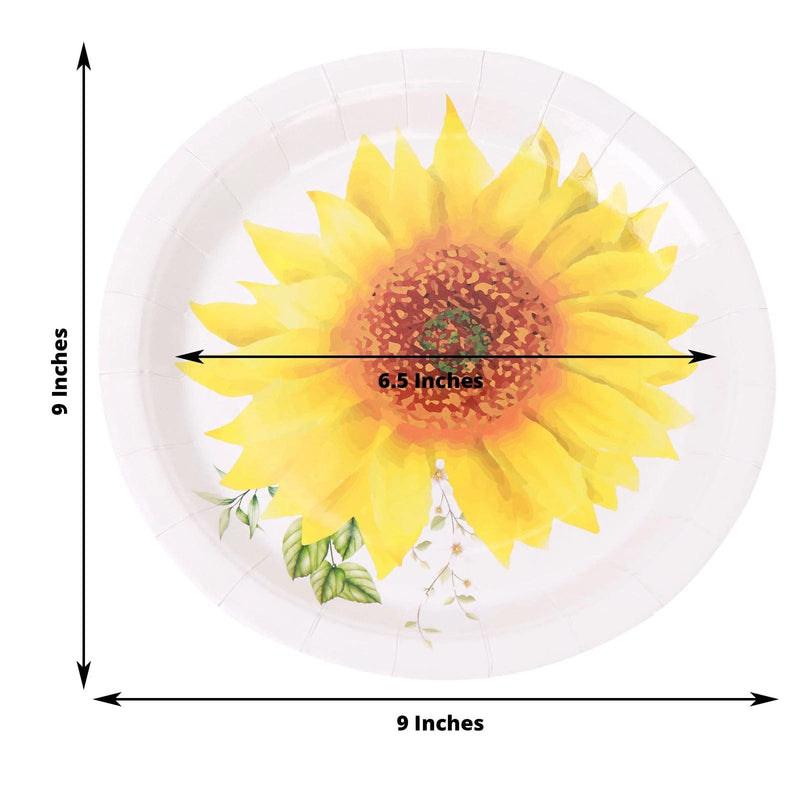 25 White Round Paper Plates with Sunflower Design - Disposable Tableware