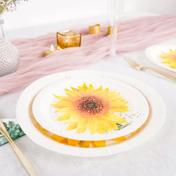 25 White Round Paper Plates with Sunflower Design - Disposable Tableware
