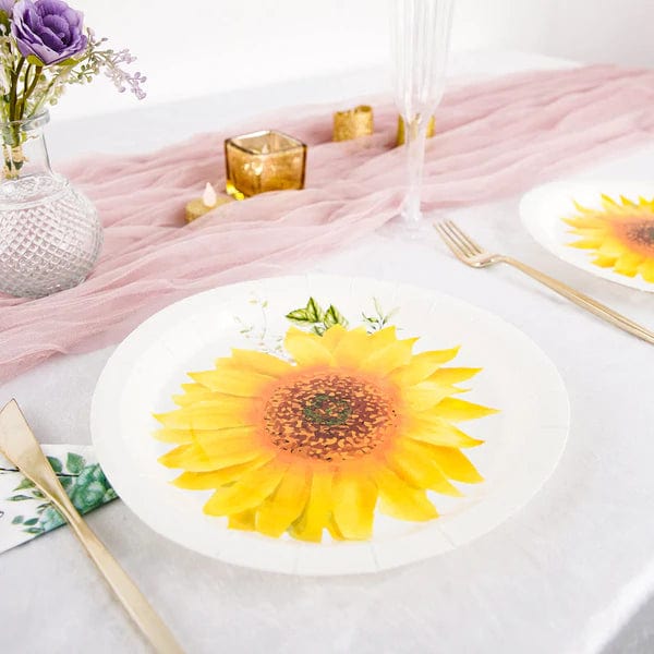 25 White Round Paper Plates with Sunflower Design - Disposable Tableware