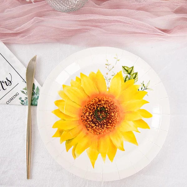 25 White Round Paper Plates with Sunflower Design - Disposable Tableware