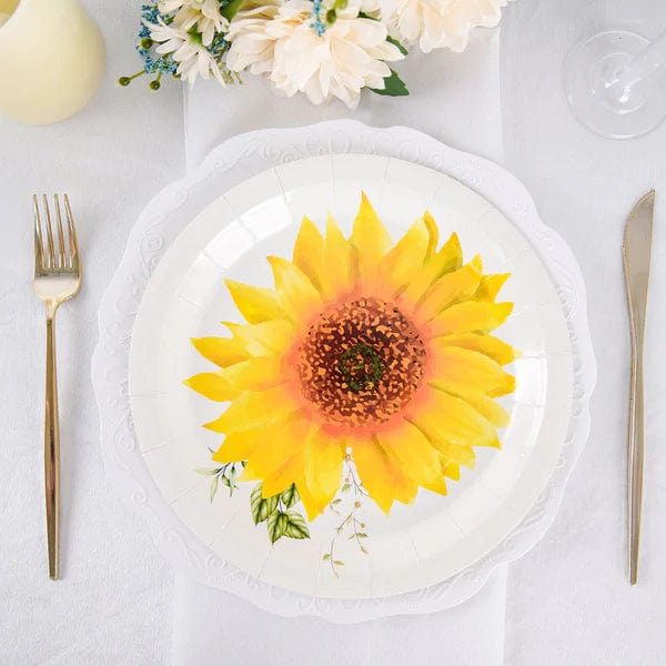 25 White Round Paper Plates with Sunflower Design - Disposable Tableware