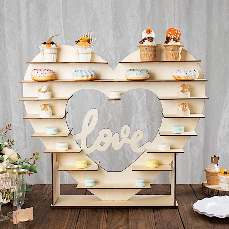 26" Heart Shaped 8 layer Double Sided Wood Cupcake Dessert Stand - Natural CAKE_WOD015_NAT