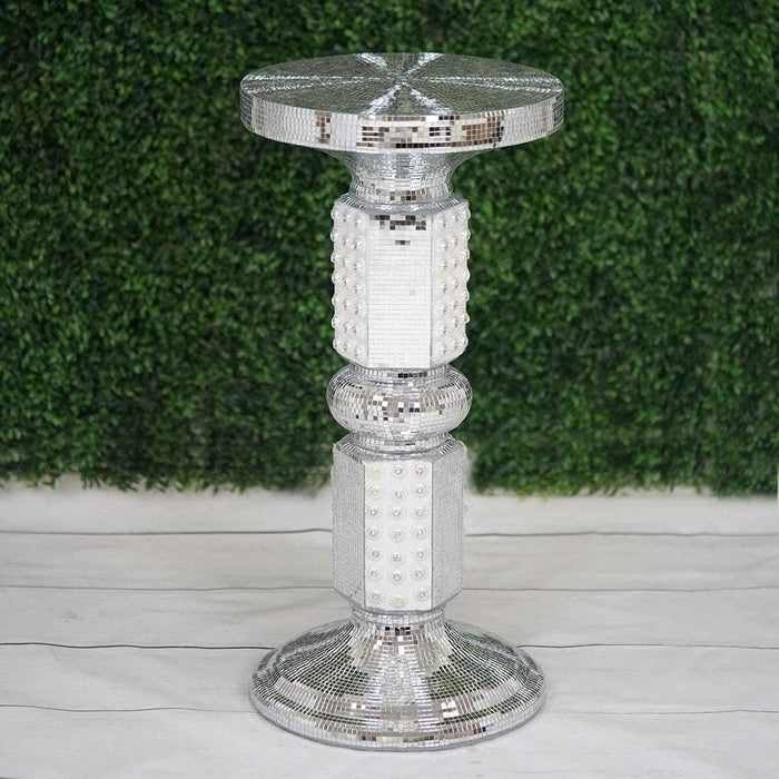 26" tall Wedding Column Riser with Pearls and Mirror Mosaic - Silver and White PROP_PRL007_SILV