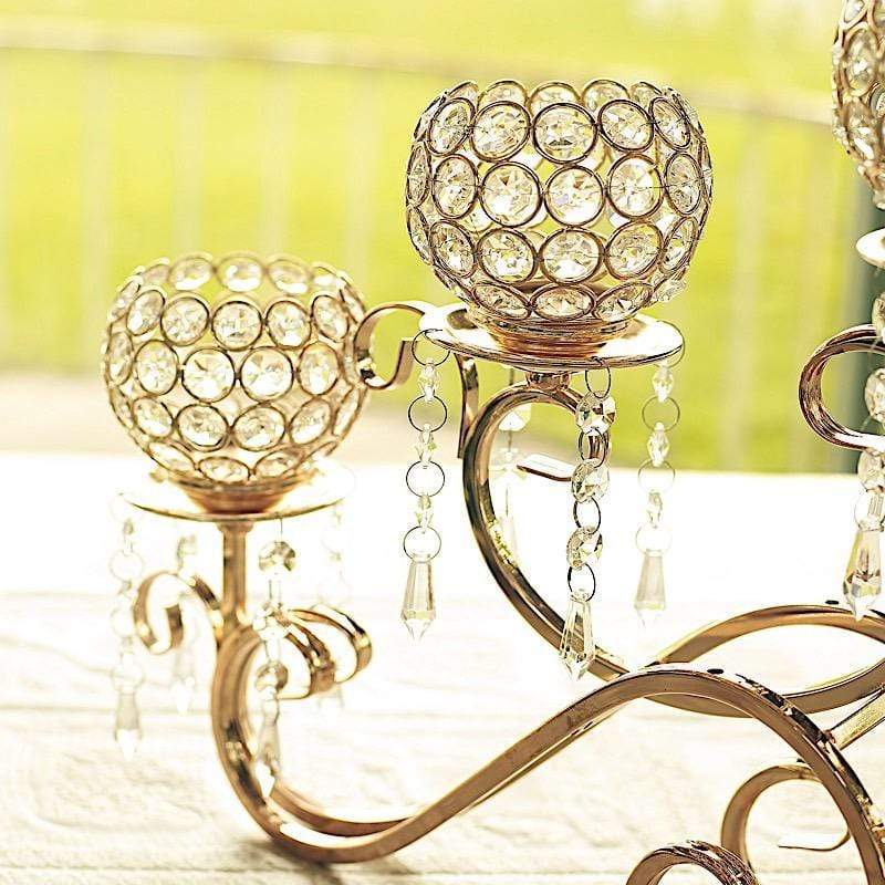 27" wide Horizontal Candle Holder with Crystal Beads - Gold CHDLR_053_GOLD