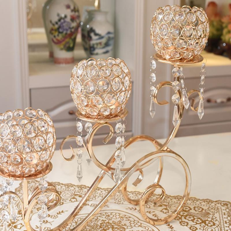 27" wide Horizontal Candle Holder with Crystal Beads - Gold CHDLR_053_GOLD