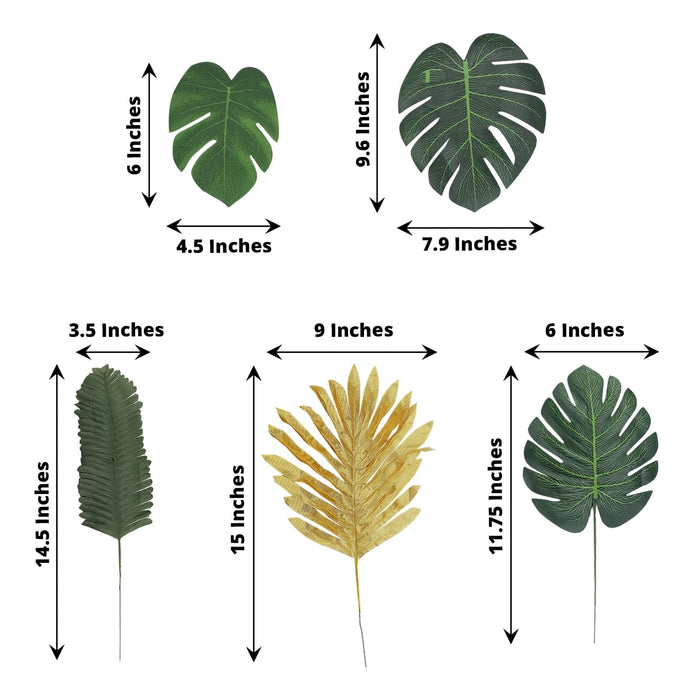 28 Artificial Palm and Tropical Monstera Assorted Silk Leaves - Green and Gold ARTI_TROP_006_SET1_GNGD