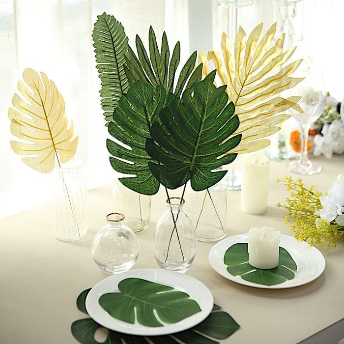 28 Artificial Palm and Tropical Monstera Assorted Silk Leaves - Green and Gold