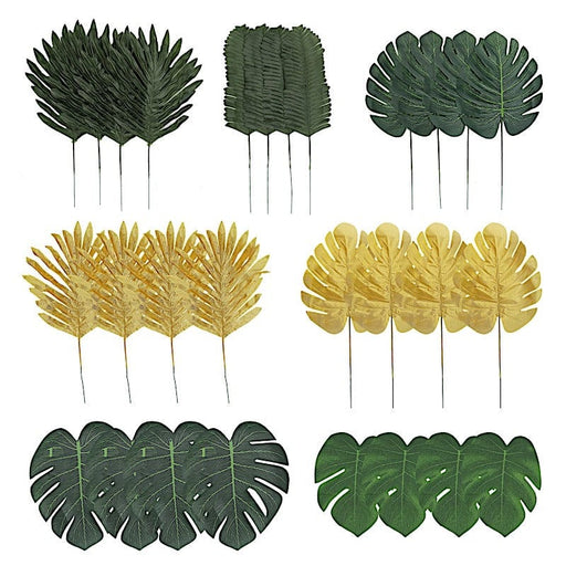 28 Artificial Palm and Tropical Monstera Assorted Silk Leaves - Green and Gold ARTI_TROP_006_SET1_GNGD