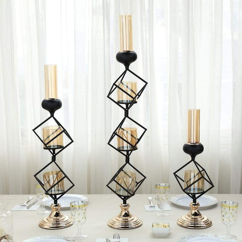 28" tall Geometric Cube Stand with Glass Votive Candle Holders - Gold and Black IRON_CAND_003_33_GDBLK