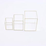 3 Acrylic with Metal Frame Pillar Candle Holders - Clear and Gold PLST_VASE_REC01_SET_GOLD