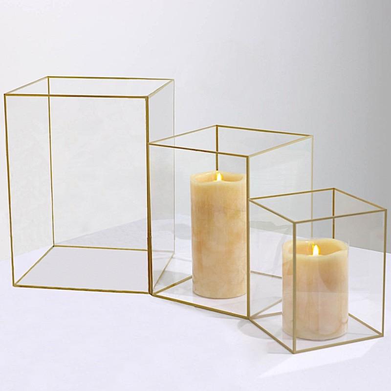 3 Acrylic with Metal Frame Pillar Candle Holders - Clear and Gold PLST_VASE_REC01_SET_GOLD