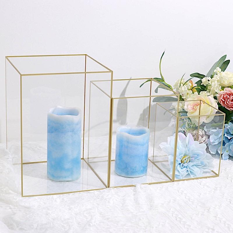 3 Acrylic with Metal Frame Pillar Candle Holders - Clear and Gold PLST_VASE_REC01_SET_GOLD