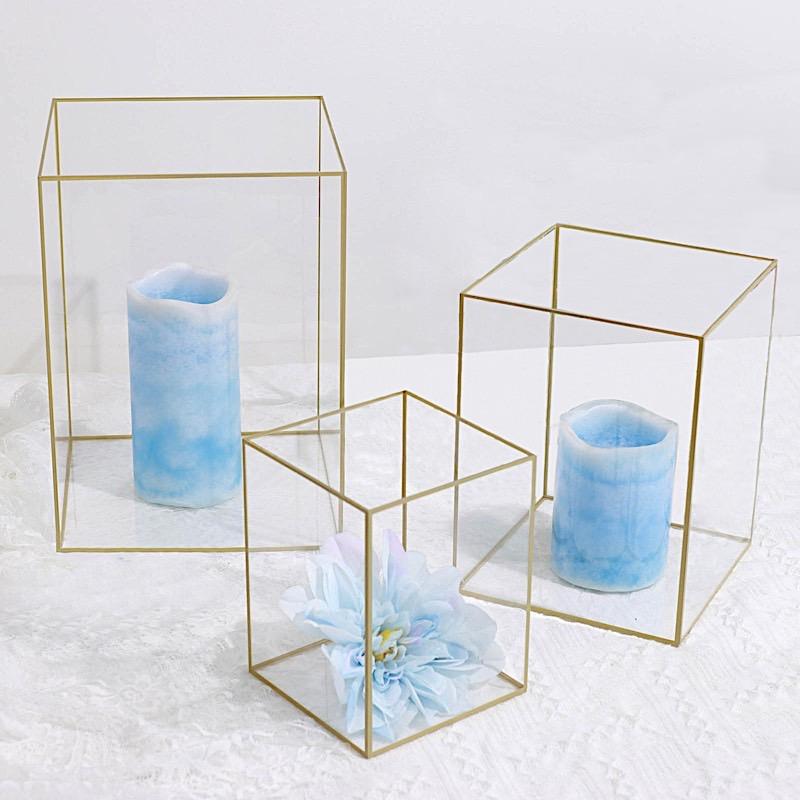 3 Acrylic with Metal Frame Pillar Candle Holders - Clear and Gold PLST_VASE_REC01_SET_GOLD