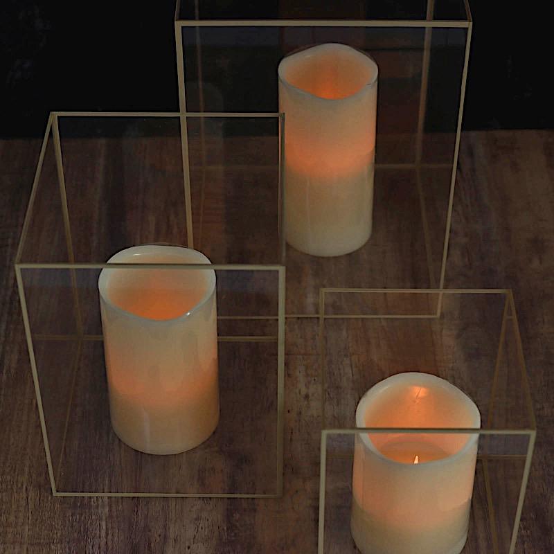 3 Acrylic with Metal Frame Pillar Candle Holders - Clear and Gold PLST_VASE_REC01_SET_GOLD