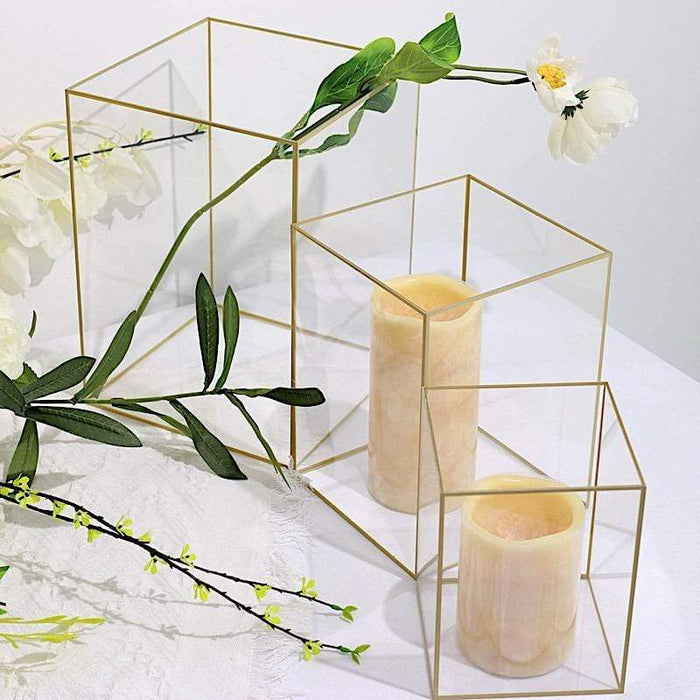 3 Acrylic with Metal Frame Pillar Candle Holders - Clear and Gold PLST_VASE_REC01_SET_GOLD