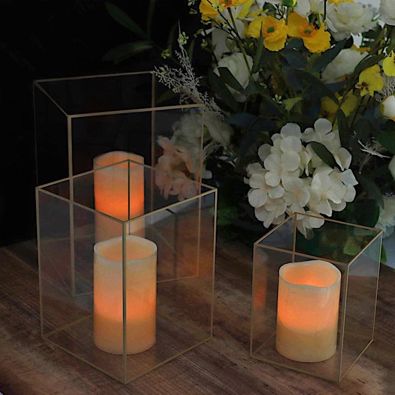 3 Acrylic with Metal Frame Pillar Candle Holders - Clear and Gold PLST_VASE_REC01_SET_GOLD