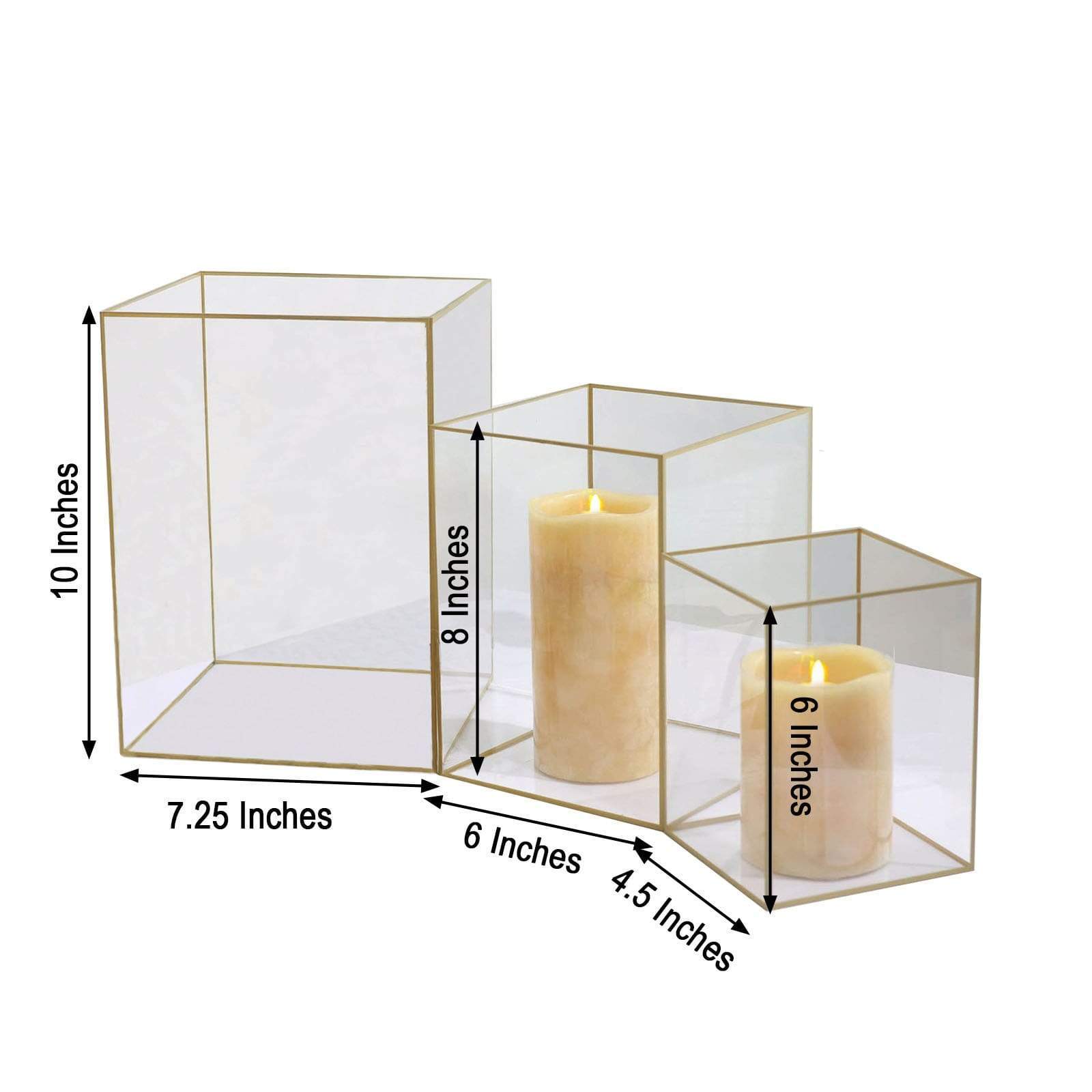 3 Acrylic with Metal Frame Pillar Candle Holders - Clear and Gold PLST_VASE_REC01_SET_GOLD