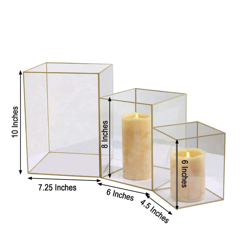 3 Acrylic with Metal Frame Pillar Candle Holders - Clear and Gold PLST_VASE_REC01_SET_GOLD