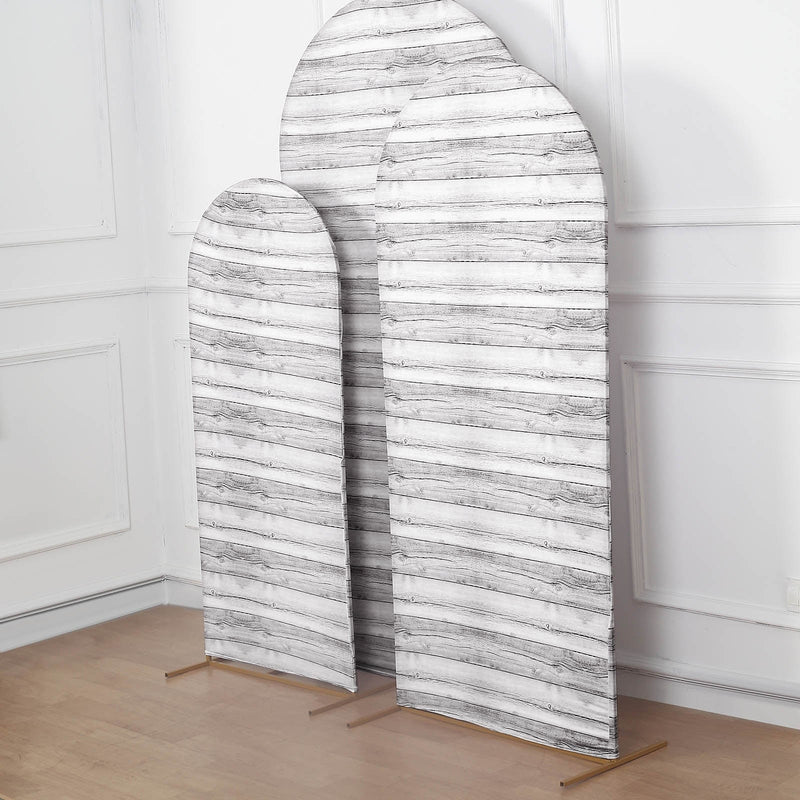 3 Fitted Spandex Round Top Wedding Arch Backdrop Stand Covers Set Wooden Design - Whitewashed IRON_STND06_SPX_SET_WOD02_WHT