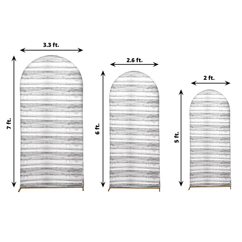3 Fitted Spandex Round Top Wedding Arch Backdrop Stand Covers Set Wooden Design - Whitewashed IRON_STND06_SPX_SET_WOD02_WHT