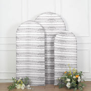 3 Fitted Spandex Round Top Wedding Arch Backdrop Stand Covers Set Wooden Design - Whitewashed IRON_STND06_SPX_SET_WOD02_WHT