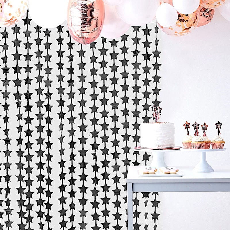 3 ft x 6.5 ft Metallic Star Foil Tassels Fringe Backdrop Curtains CUR_PVC02_STR_BLK