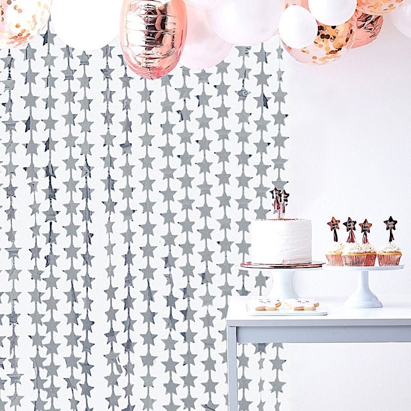 3 ft x 6.5 ft Metallic Star Foil Tassels Fringe Backdrop Curtains CUR_PVC02_STR_SILV