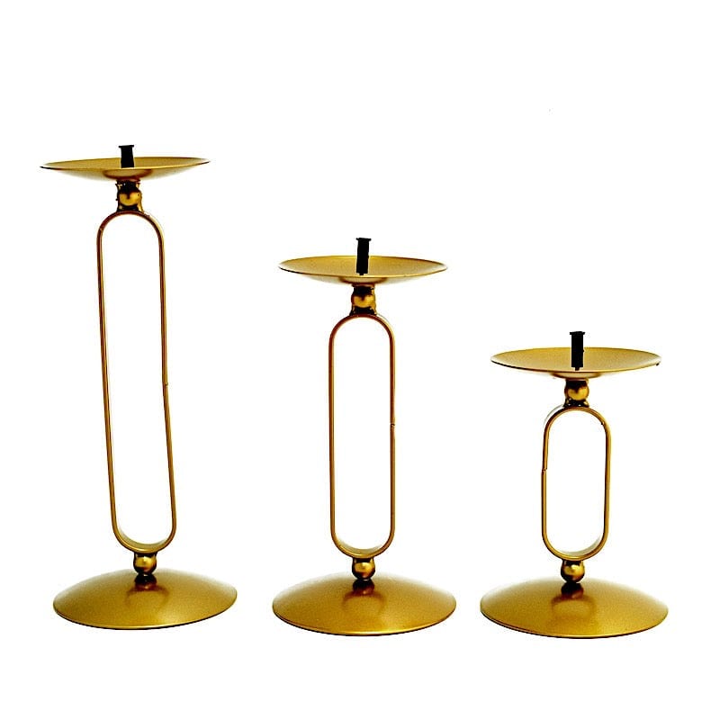 3 Geometric Oval Metal Pillar Candle Holders  - Gold IRON_CAND_PL001_SET_GOLD