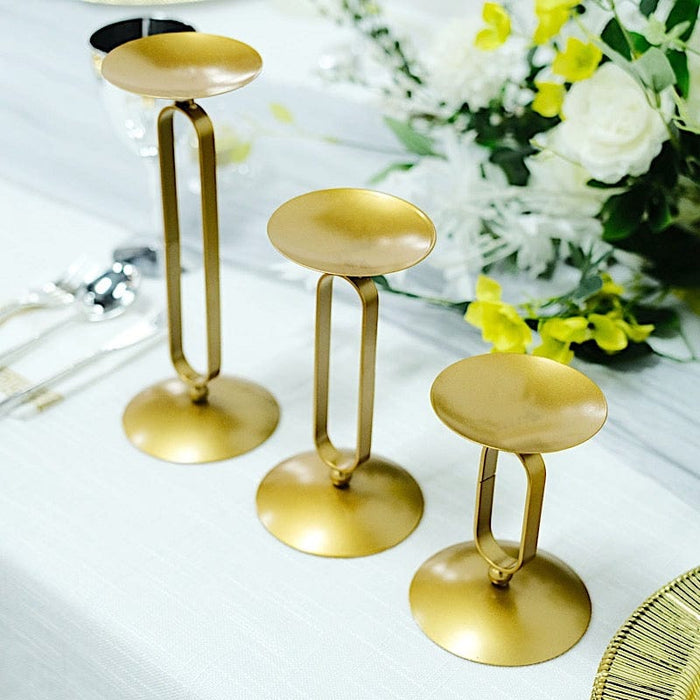 3 Geometric Oval Metal Pillar Candle Holders  - Gold IRON_CAND_PL001_SET_GOLD