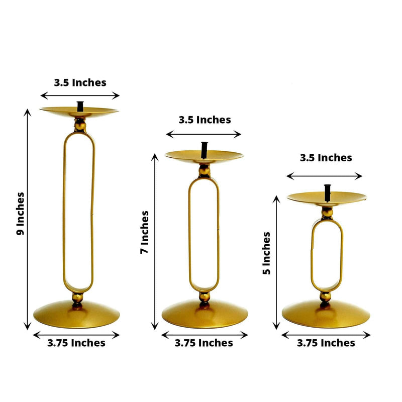 3 Geometric Oval Metal Pillar Candle Holders  - Gold IRON_CAND_PL001_SET_GOLD